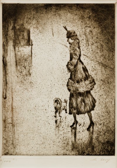 Lady with Poodle on Rainy Street (Carriage on the Left) by Lesser Ury